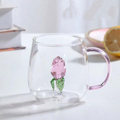 3D Rose Glass Cup With Handle