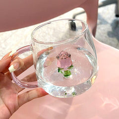 3D Rose Glass Cup With Handle