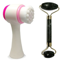 Jade Roller and Double-Sided Cleansing Facial Brush Set