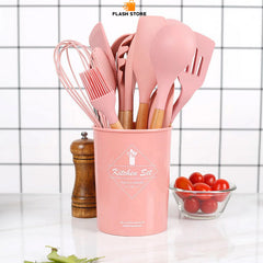 12pcs Silicone Utensil Set With Wooden Handle